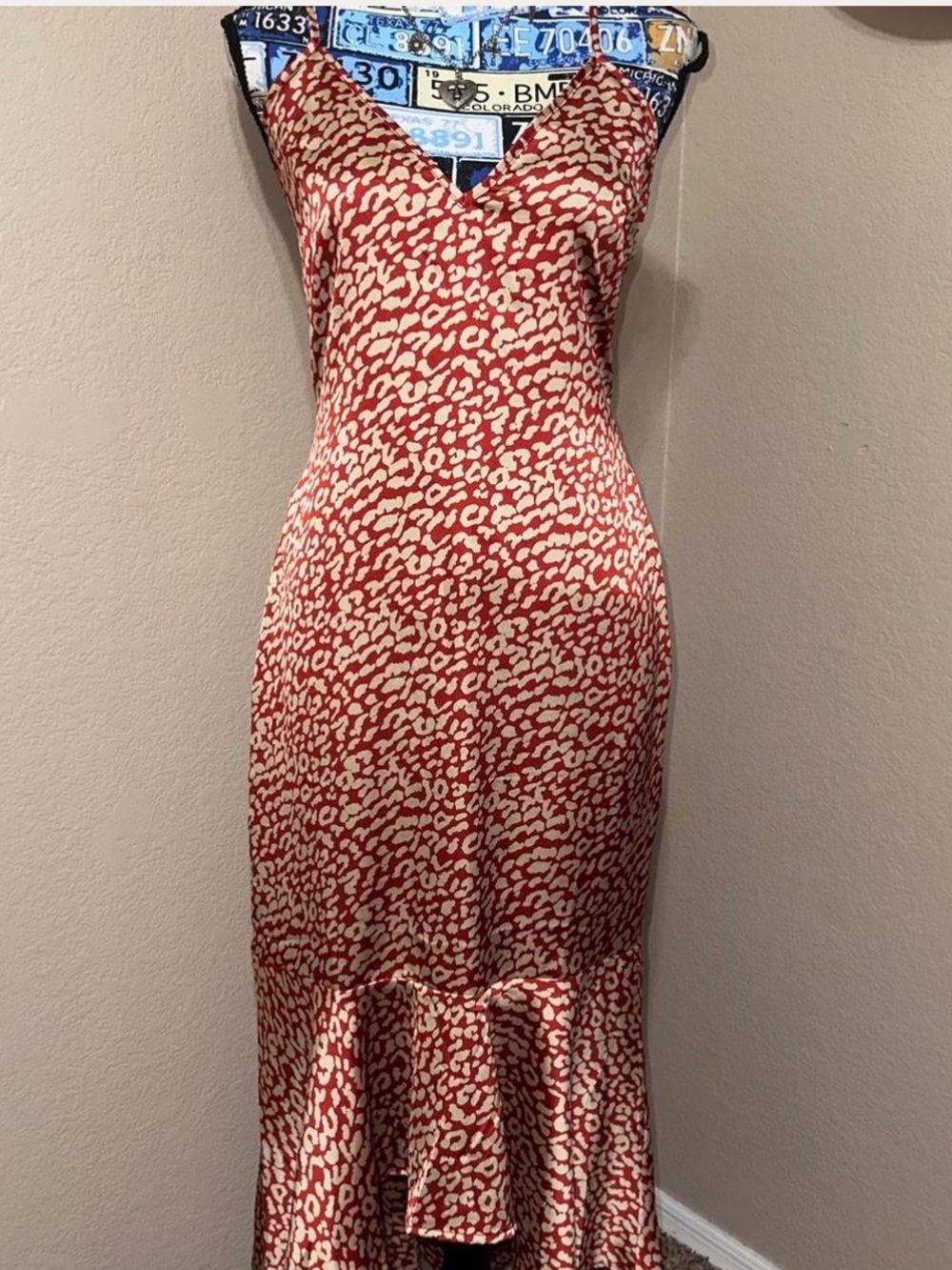 PrettyLittleThing Red and Cream Leopard-Print Slip Maxi Dress